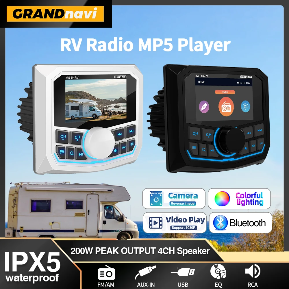 For RV MP5 Radio Marine Stereo Waterproof IPX5 Boat Radio Player Bluetooth FM AM RDS Audio For RV Yacht Gauge RV ATV UTV Cart