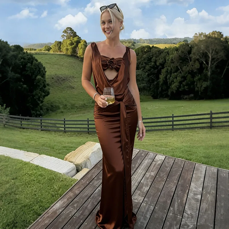 Tsiisd Abito lungo elegante con lacci da donna Abito lungo floreale senza maniche sottile a vita alta con scollo a V Abito da sera da donna Abito maxi 2026