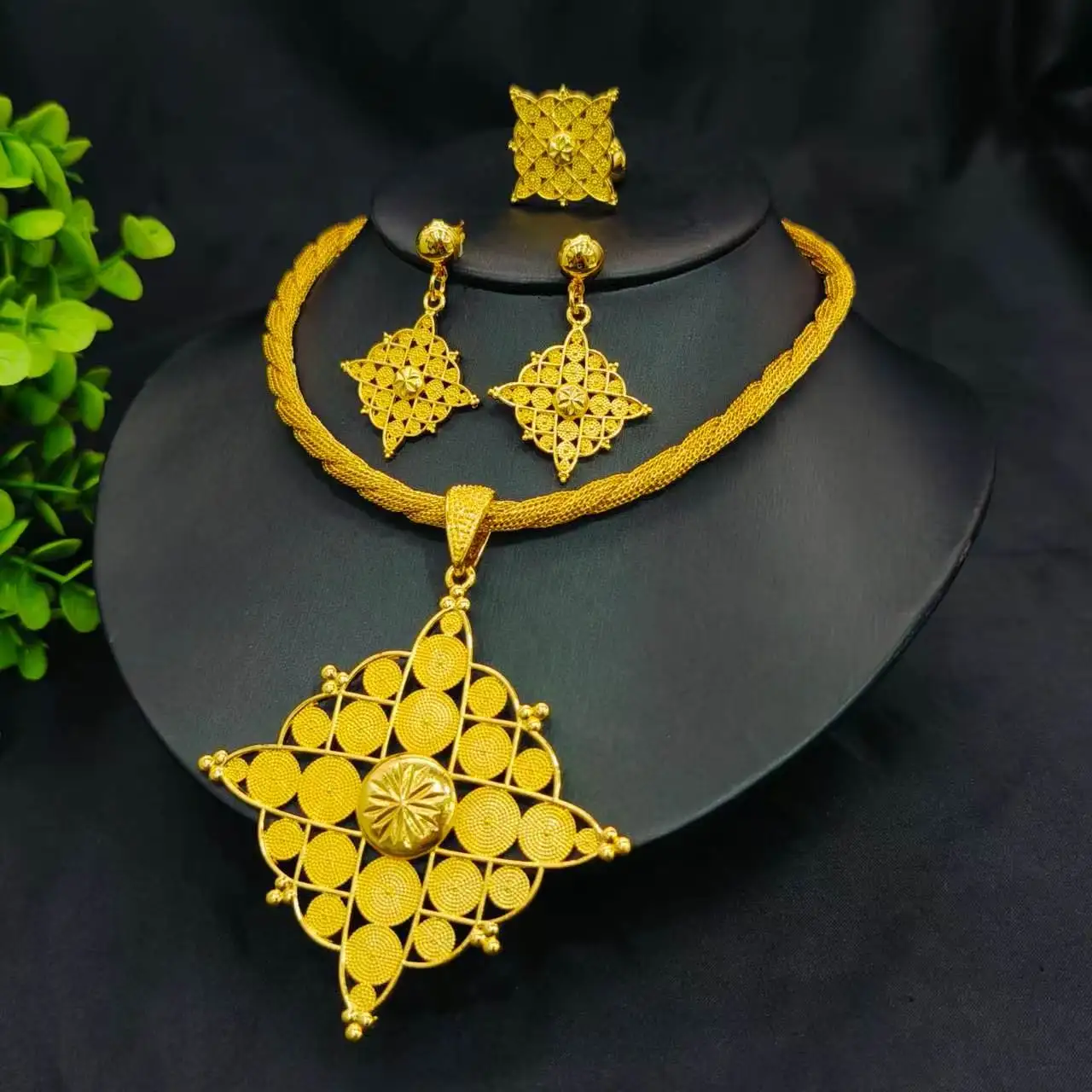 Ethiopian Big Cross Pendant Necklace Earrings Ring For Women Gold Color African Jewelry Eritrean Wedding Set