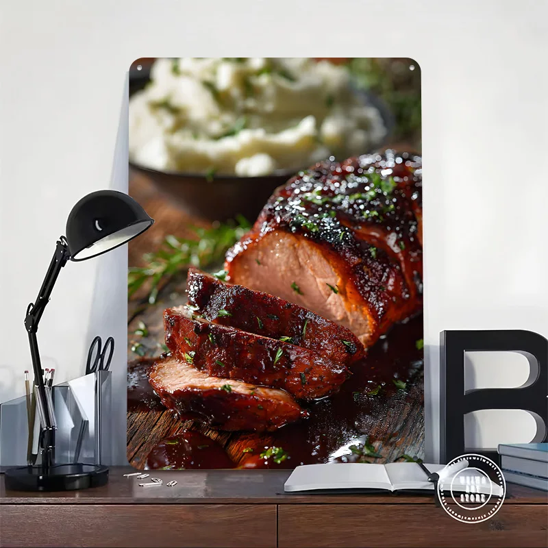 Sliced Glazed Pork Loin With Mashed Potatoes Metal Poster Custom Wall Art Retro Vintage Tinplate Signs for Man Cave House Home