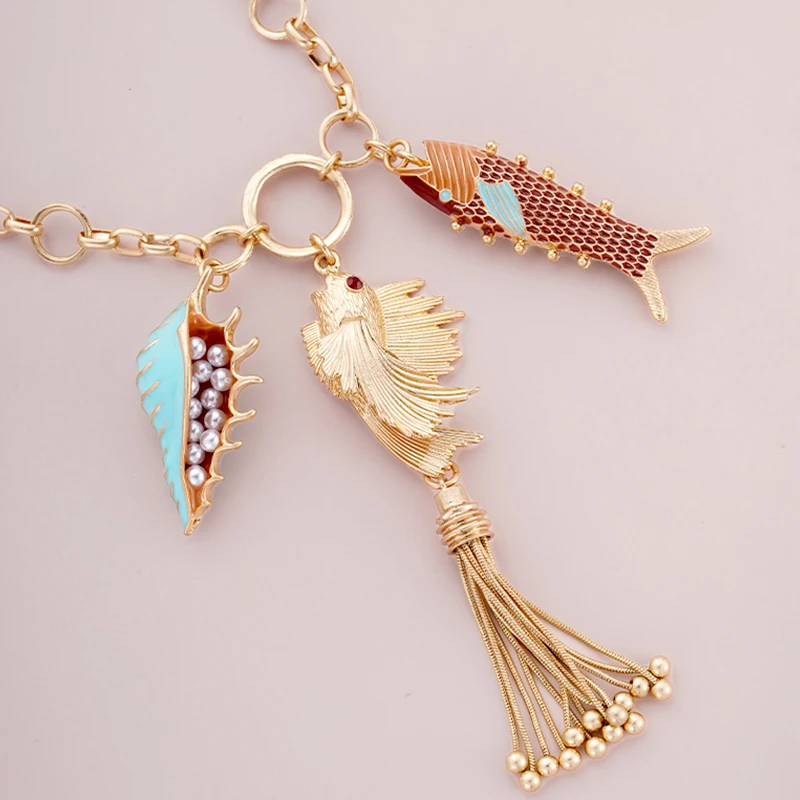 

Marine organisms Long Fish Fringe Necklace Boho Pendant Summer Beach girls mermaid accessories Jewelry for Women Gift