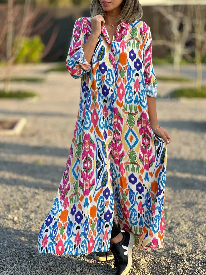 

Fashion Printed Shirt Dress For Women's Autumn Long Sleeve Single Breasted Lapels Boho Vintage Loose Casual Dress Women
