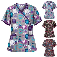 Nueva ropa de trabajo de enfermera, camiseta de uniforme de enfermera con estampado Popular europeo y americano para primavera y verano para mujer