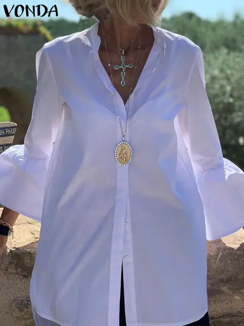 Branco camisas de verão das mulheres sólido manga alargamento camisas primavera blusa 2022 vonda sexy decote em v botão até escritório camisa feminina