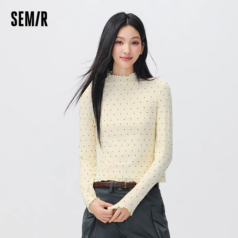 Semir Women Knit Tshirt Polka Dot Mock Neck Ruffle Edge Thermal Warmth Minimal Style 2026 New Winter Daily Wear