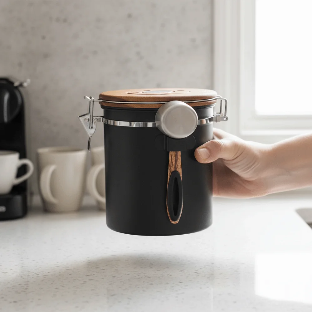 304 Stainless Steel Coffee Bean Storage Tank with Spoon Airtight Tea Leaf Canister Date Tracker Wood-grain Pattern Lid