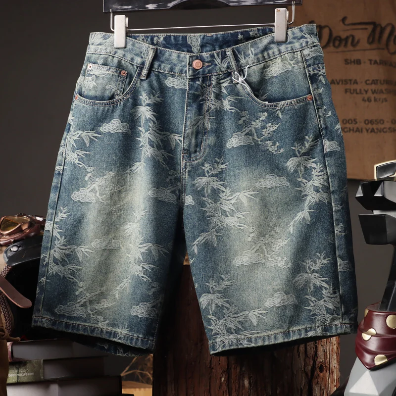 2025年夏トレンドブランド高級ウォッシュドジャカードデニムショーツ メンズ、ルーズストレートレッグペンタグラムショーツ