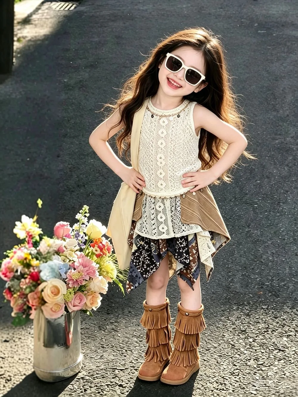 

Girls Summer Outfit 2026 New Ethnic Style Trendy Kids Vest Top Baby Girl Splice Skirt Fashionable Two-Piece Set Lace Trim Sle...