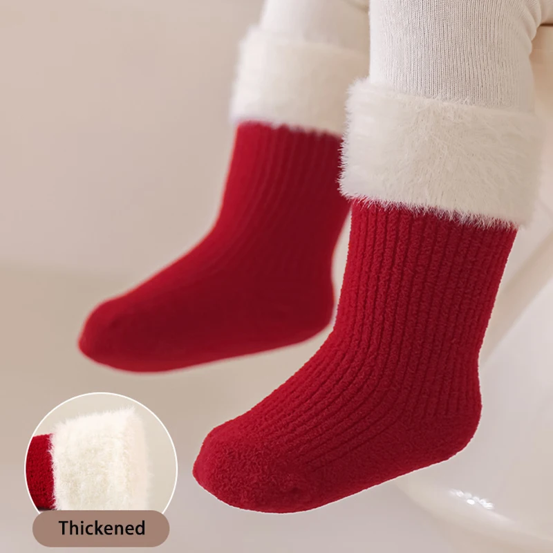 

New Year Socks For Newborn Baby Kids Red Soft Thickened Velvet Toddler Mid Socks Girls Infant Boys Cute Boneless Socks 0-12Y