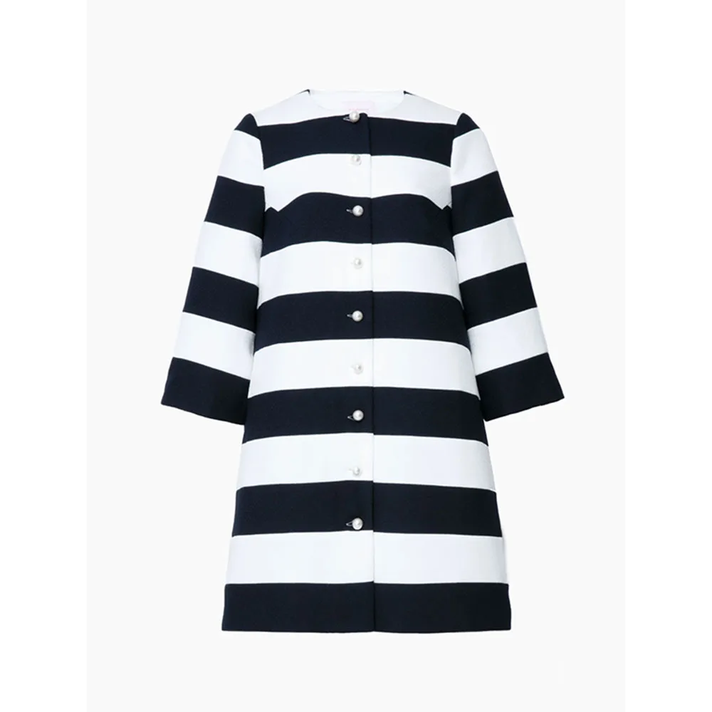 Loose Three-quarter Sleeves Buttoned Striped Round-neck Jackets&Coats Outerwear