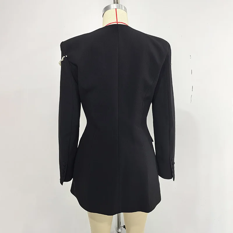 HKSH Women Blazer Elegant Fashion Casual Pearls V-Neck Design Niche Versatile Waist Cinching High Street Trend Suit-Coat HK26241
