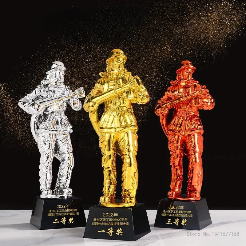 Customized Resin Firefighter Trophy Crystal Trophy Soldier Souvenirs Martial Arts Competition Home Decor Gold Silver Copper, 1Pc