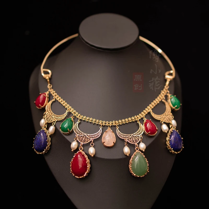 Necklace Duobao Colorful Natural Stone Pearl Cast Copper Hollow-out Petals EthnicStyle Dunhuang Han Chinese Clothing Accessories