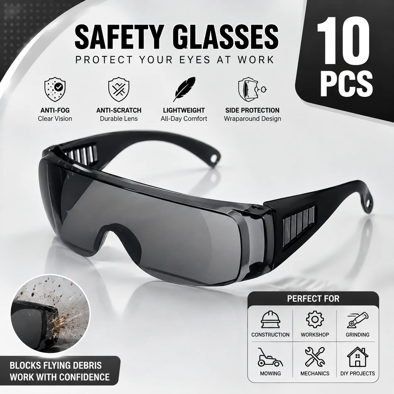 10 Pack Gray Protective Safety Glasses, Lightweight Anti-Scratch Wraparound Work Eyewear for Mechanics, Construction, Grinding, Workshop, Mowing & Yard Work