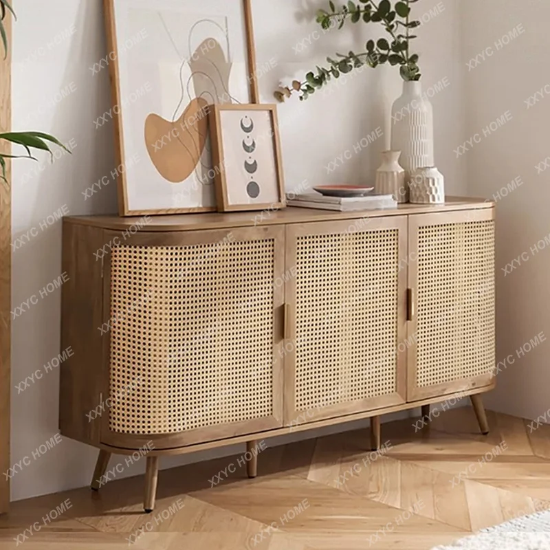 

retro rattan solid wood dining side cabinet small apartment living room storage curved storage