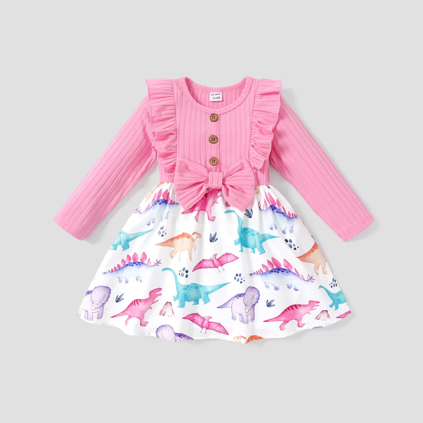 PatPat Toddler Girl Dinosaur Print Splice Ruffled Bowknot Design Long-sleeve Dress Suitable for Summer Season