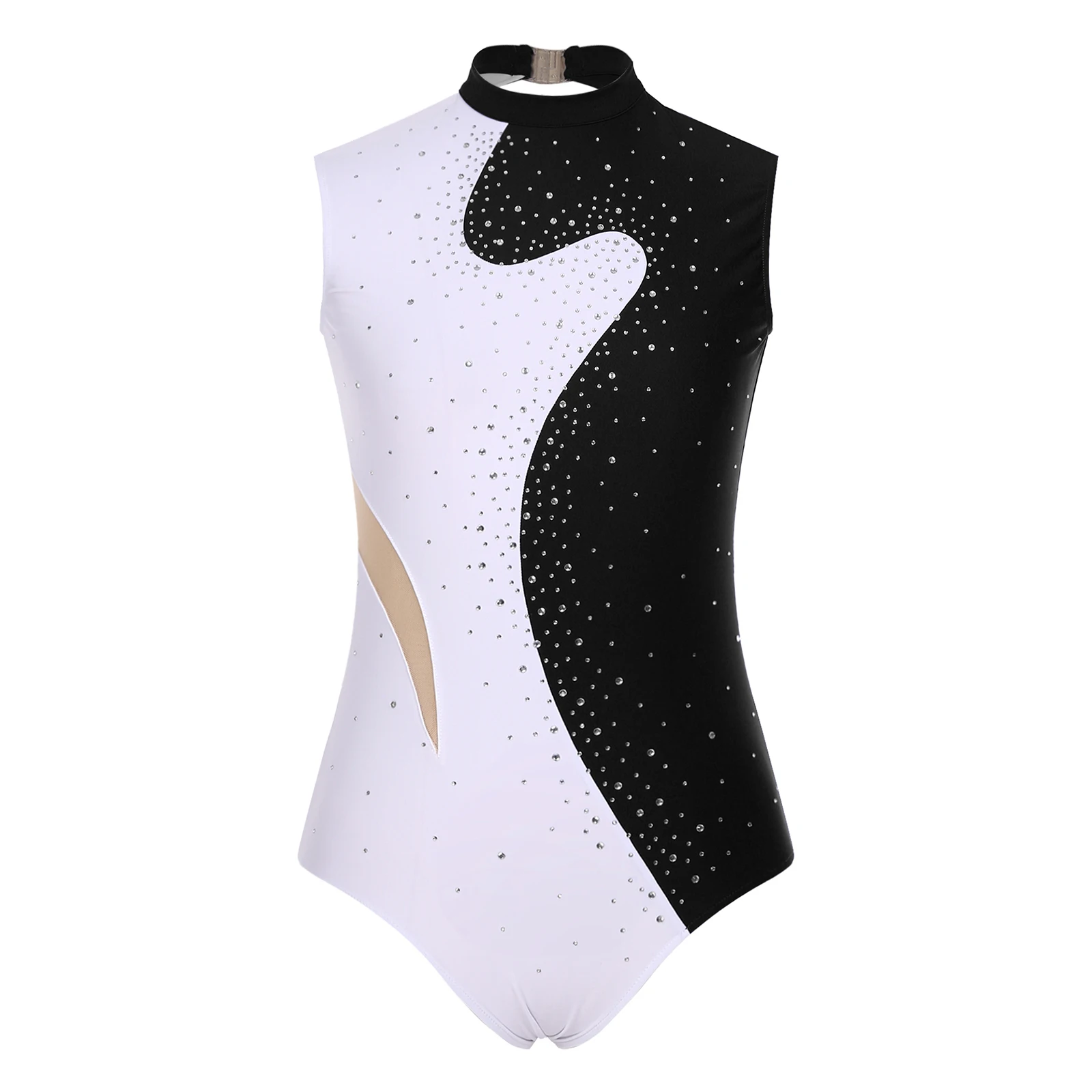 Womens kleurblok ballet dans turnpakje sprankelende strass mouwloze bodysuit voor kunstschaatsen ritmische gymnastiek jumpsuit