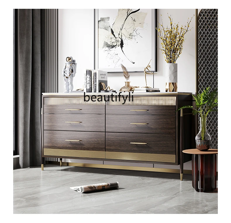 Chest of Six Drawers Storage Cabinet Solid Wood TV Bench for Bedroom Italian Living Room Marble Sideboard Cabinet