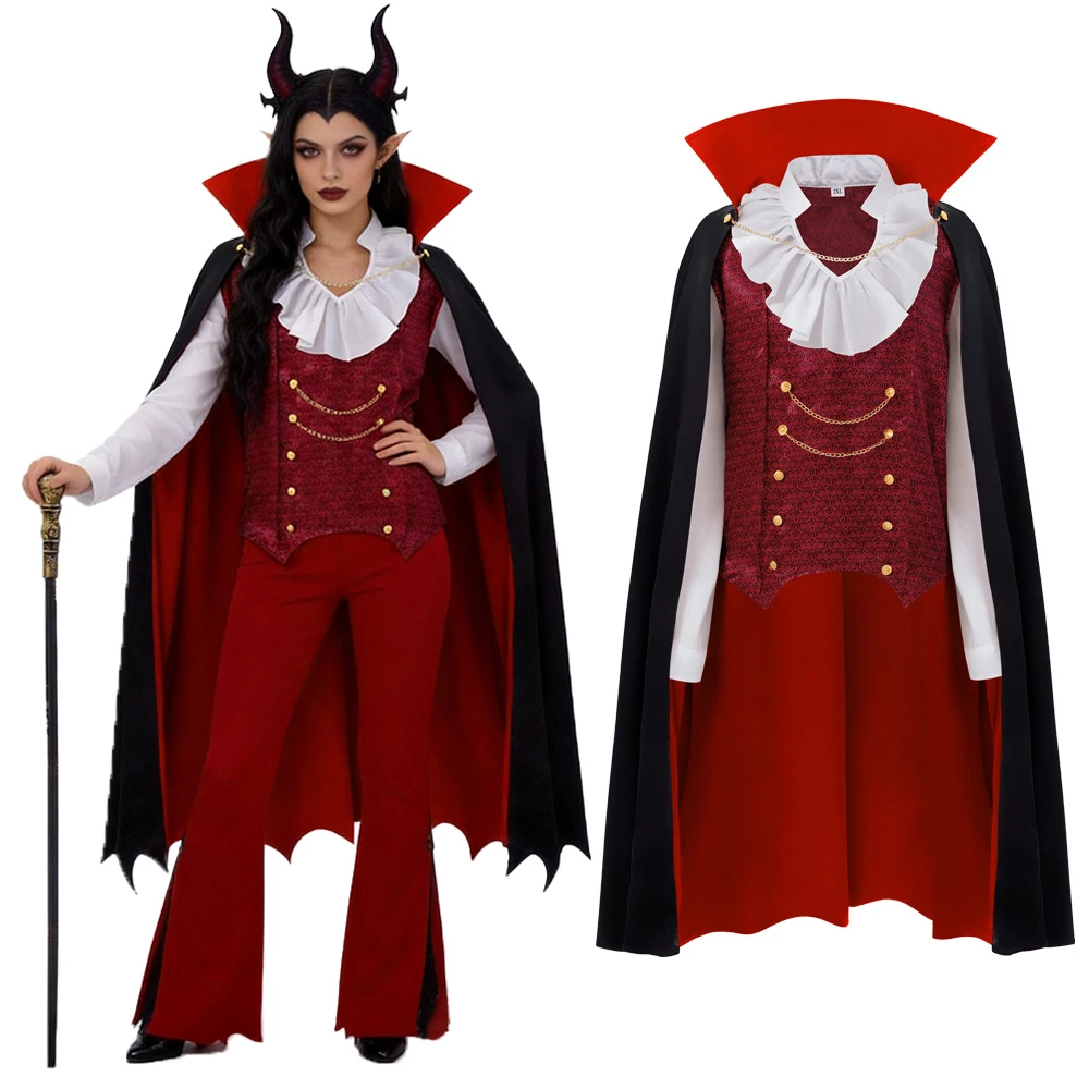 Disfraz de Vampiresa para Mujer, Capa y Top, Conjunto de Juego de Rol Aristocrático Europeo Vintage con Capa Larga Roja y Negra, Disfraces de Halloween