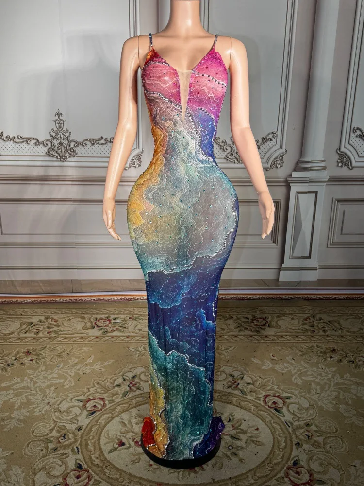 Summer color rhinestone abstract ink wash print slimming sleeveless dress for formal events and parties, high-quality formal gow