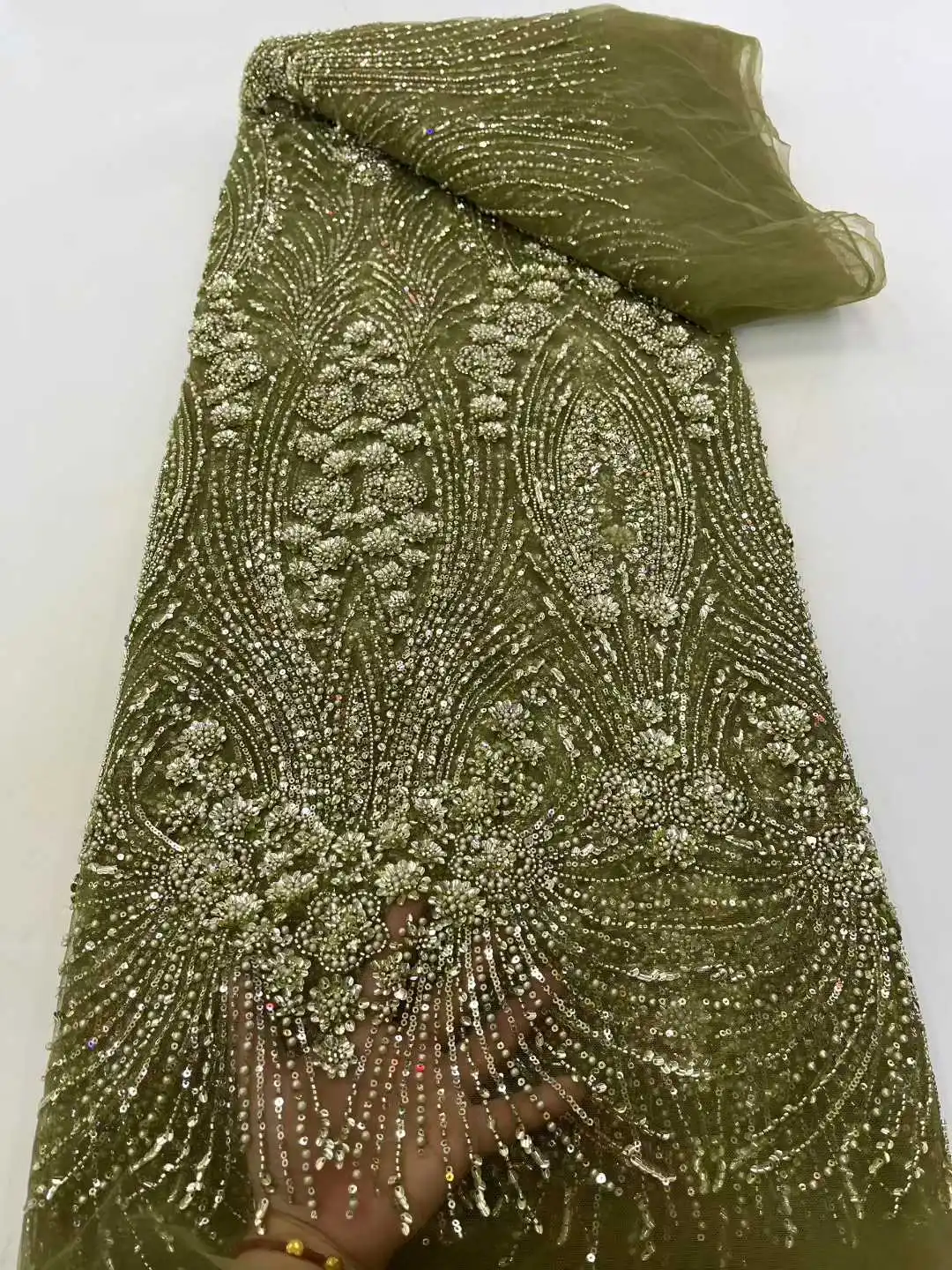 

Latest Design Heavy Beaded Sequins Lace Fabric Hot Sale Nigerian Sequins With Pearl Lace French Tulle Lace For Wedding Dresses