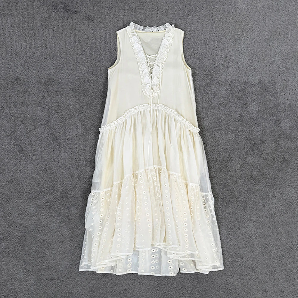 

100% Cotton Women Sleeveless Lace-Up Maxi Dress Ruffled Neck Eyelet Embroidery Tiered Flowy Casual Boho Summer Dress New Y2K