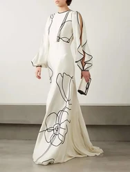 Yeezzi Women Elegant Falbala Party Evening Maxi Dresses 2025 New Ruffled Sleeves Loose Flower Printed Urban Office Long Dress