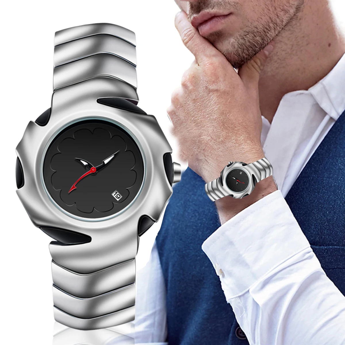 Men Fashion Y2K Unique Blade Quartz Analog Black Blue Stainless Steel Auto Dato Cool Bracelet Wristwatches