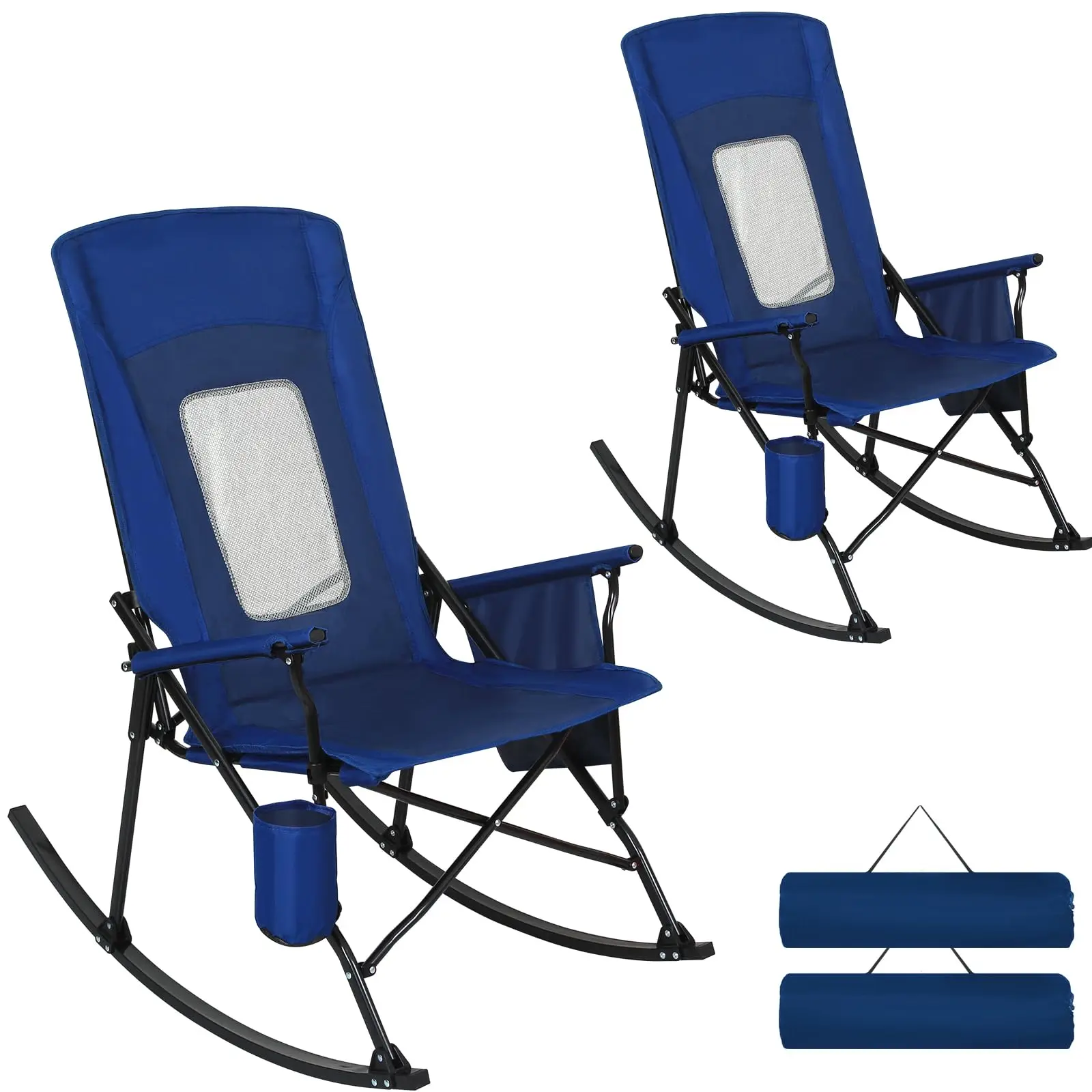 2 Pack Folding Rocking Camping Chairs for Adults, Heavy Duty Outdoor Rocker with Mesh Back, Hard Armrests, Cup Holder