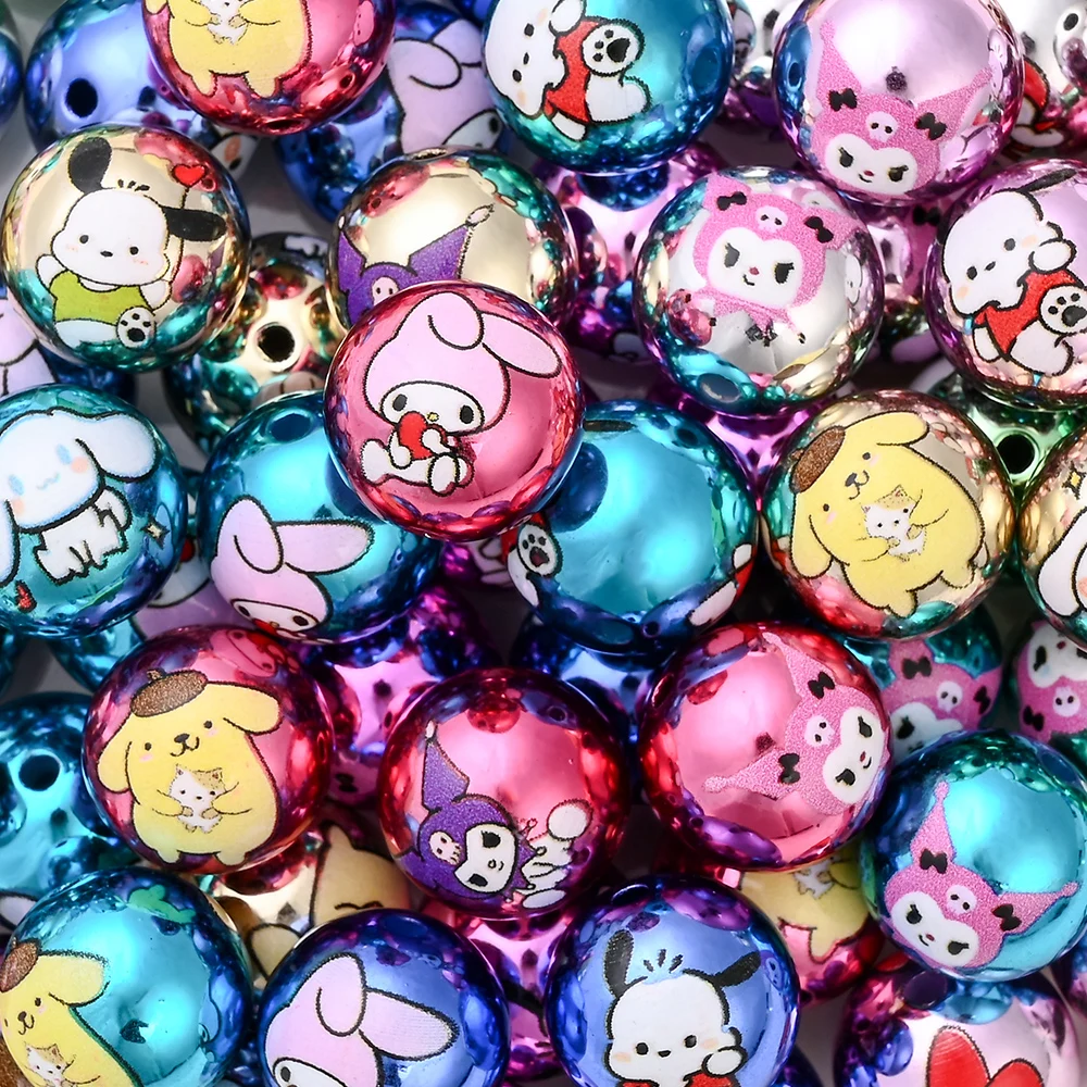 

30Pcs 16mm Sanrio Acrylic Round Beads Printed Loose Spacer Bead For Jewelry Pacifier Chain Making Necklace Random Mixing
