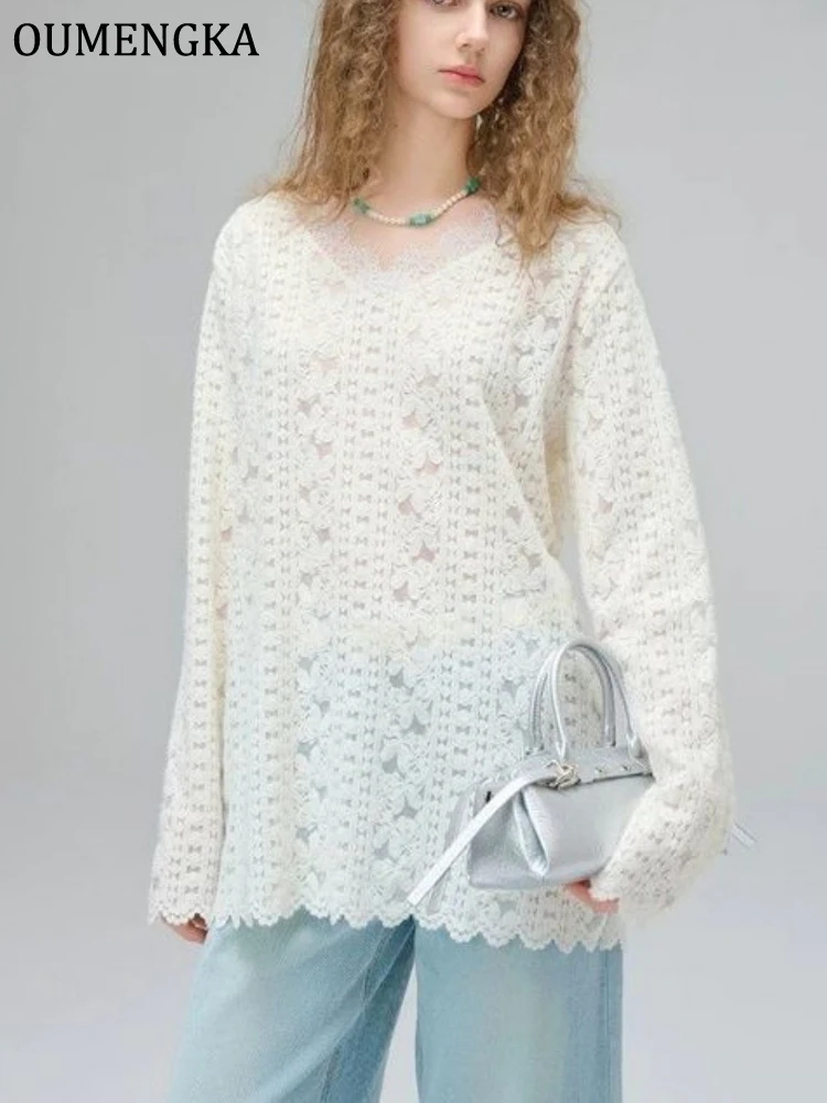 2026 Spring Summer Long Sleeve Women's T-shirt Basic Lace Tee Shirt Oversize Tops Women Casual V-Neck Women Loose Tops