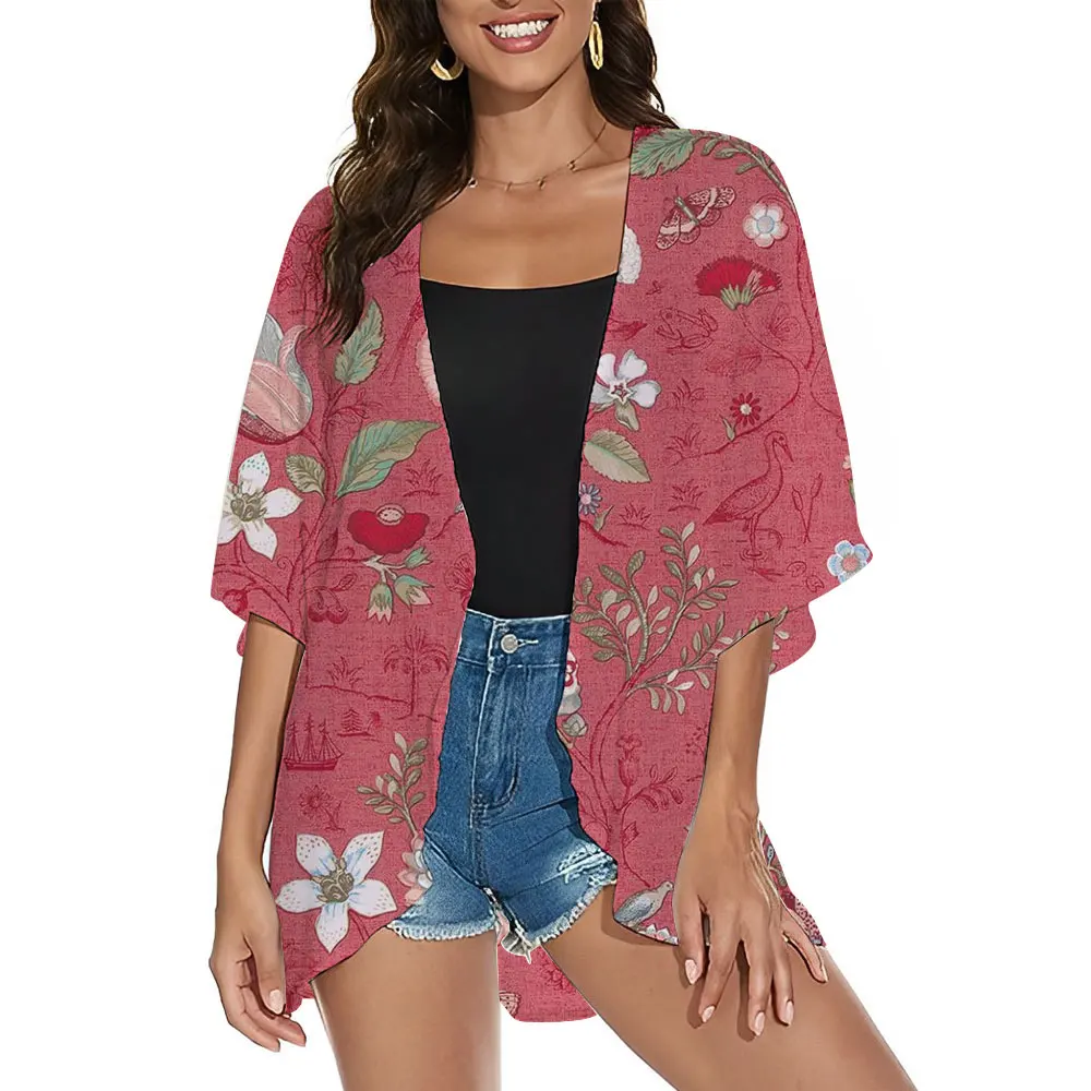 New Kimono Cardigan Cover Up Chiffon Bikini Swimwear Beach Coats With Jeans Plus Size Half Sleeve Shirts Open Front Tops Summer