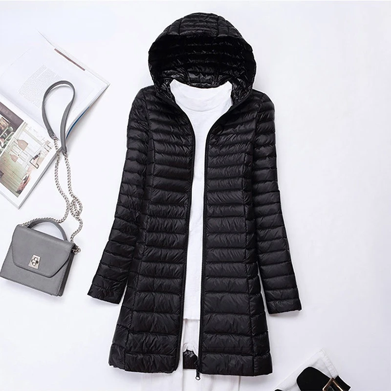 Winter Women Ultralight Thin Down Long Jacket White Duck Down Hooded Jackets Long Sleeve Warm Coat Parka Female Portable Outwear