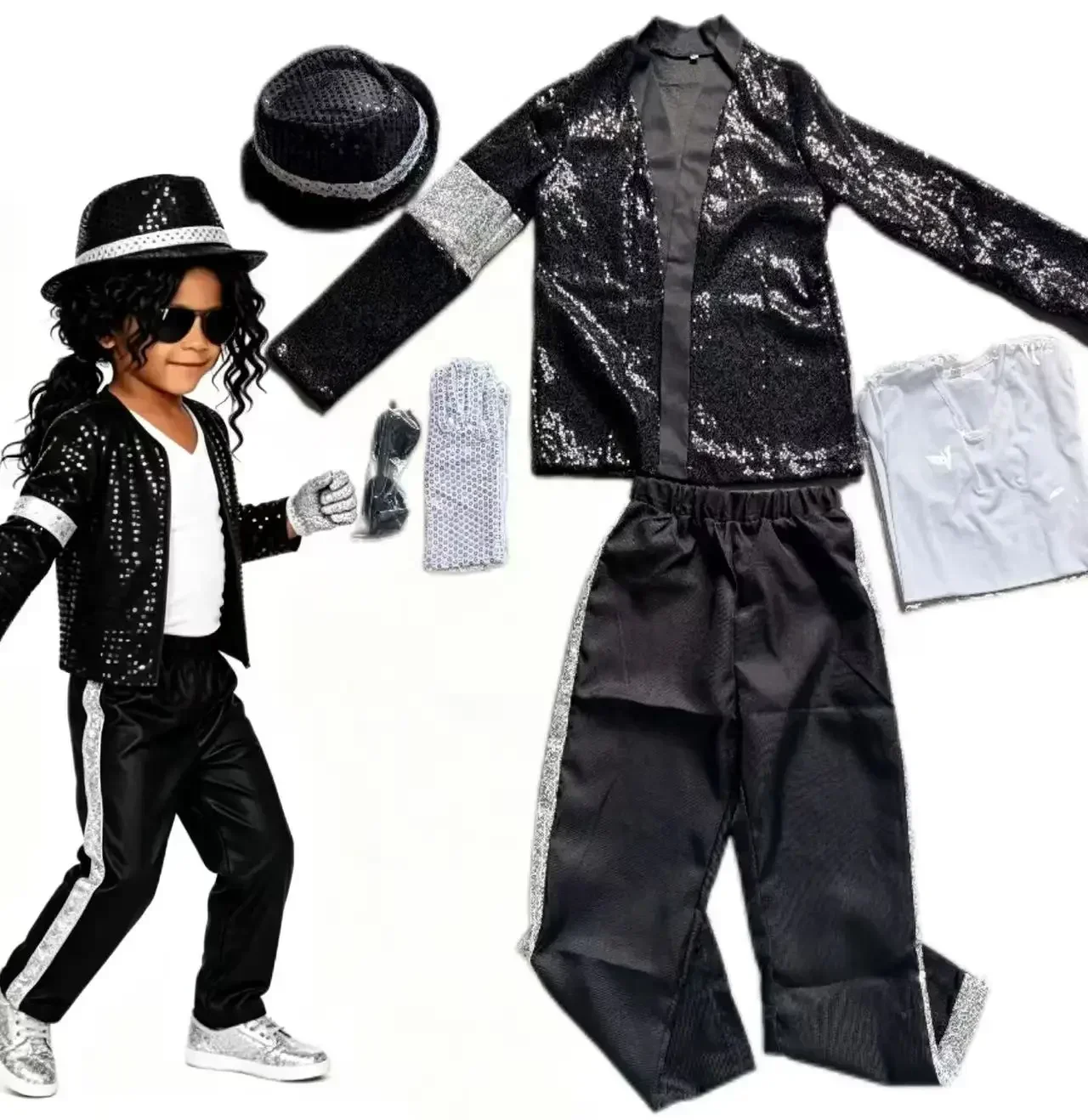 2026  MJ Michael Jackson Thriller Kids Costume  Red   Black Leather Jacket Pants Boys Halloween Stage Cosplay Outfit - view 5