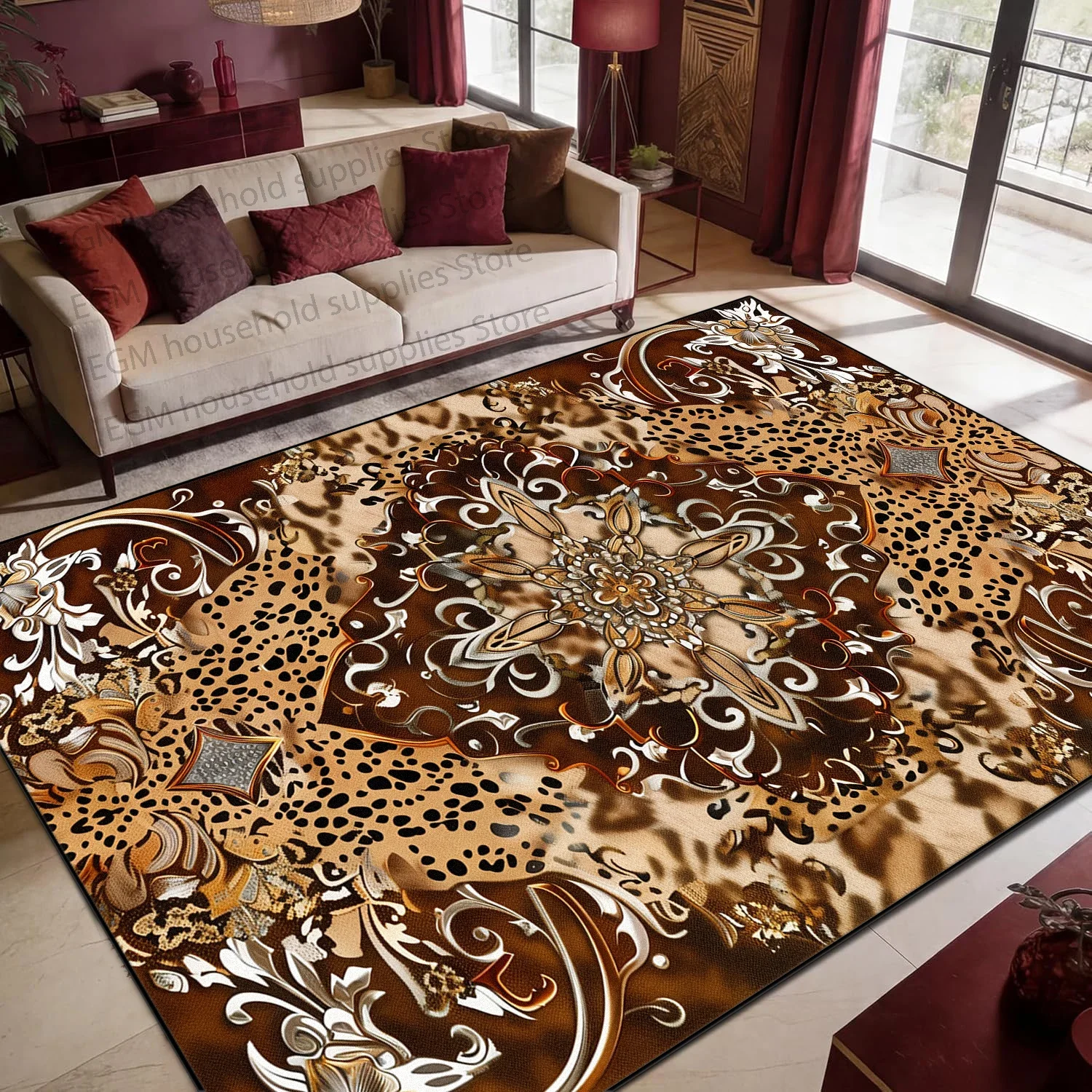 Vintage Dark Tone Leopard Animal Persian Fluffy Large Carpet for Living Room Luxury Home Decor Rug Non-slip Washable Bedroom Mat