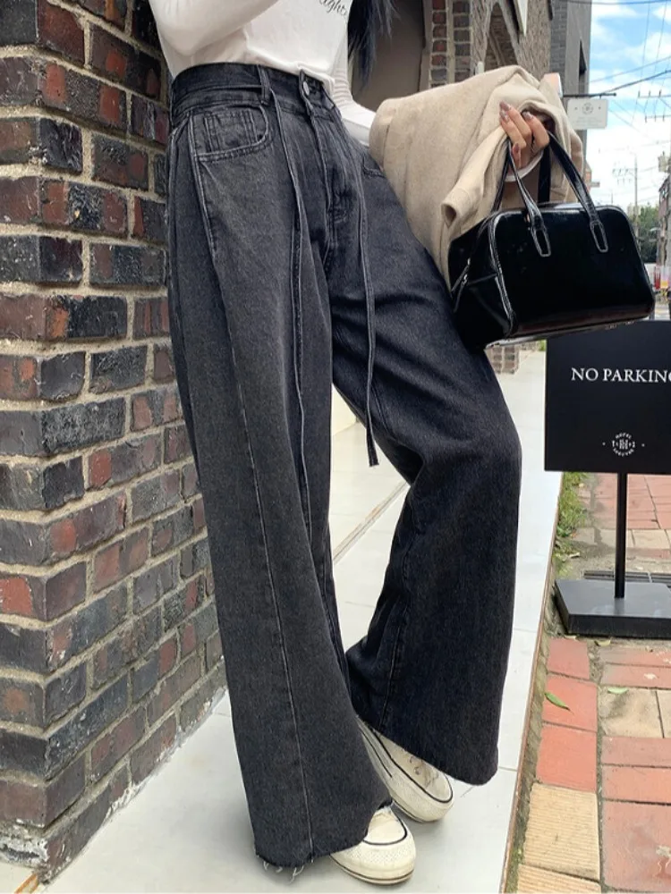 

Retro Waed High Waist Tied Denim Jeans Women's Faionable Straight Leg Casual Long Pants with Fringe Pred Pleats Slimmi...