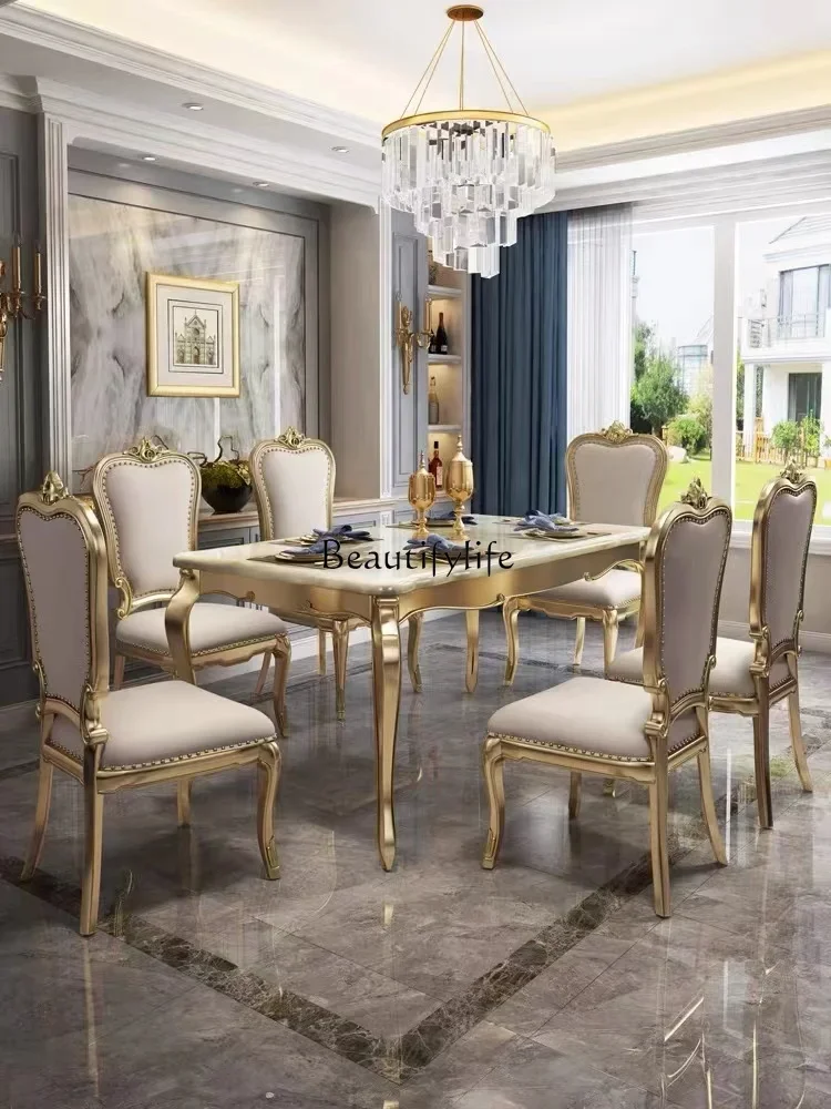 American light luxury solid wood dining table and chair combination European rectangular marble dining table