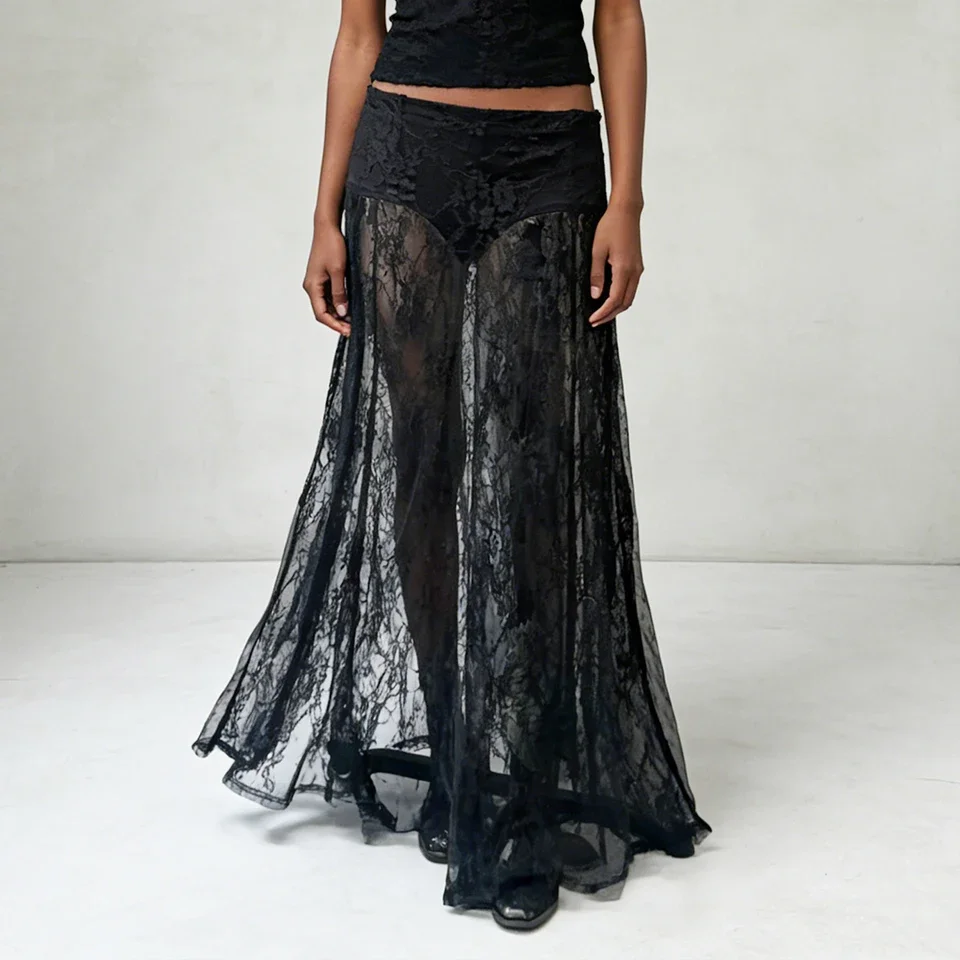 Womens Sexy Lace Fish Tail Dress Floral Embroidery Lining High Waist Pleated Skirts Transparent Lace Elegant Party Club Wear