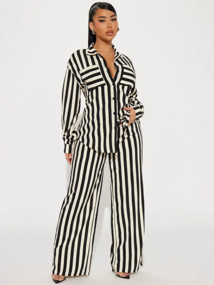 

Casual Striped Print Loose Two-Piece Sets Spring Autumn Lapel Long Sleeve Buttons Shirt Pants Set For Women Fashion 2Piece Sets