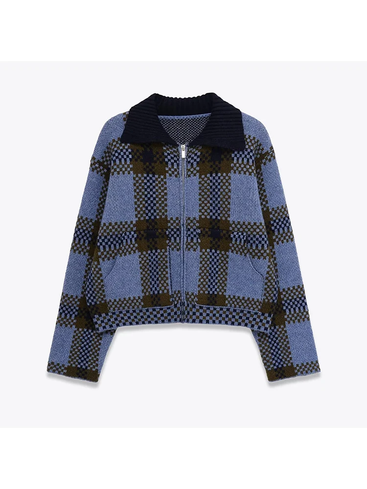 سترة نسائية محبوكة منقوشة بأكمام طويلة وسحاب ومزاجية متعددة الاستخدامات على الطراز الأوروبي