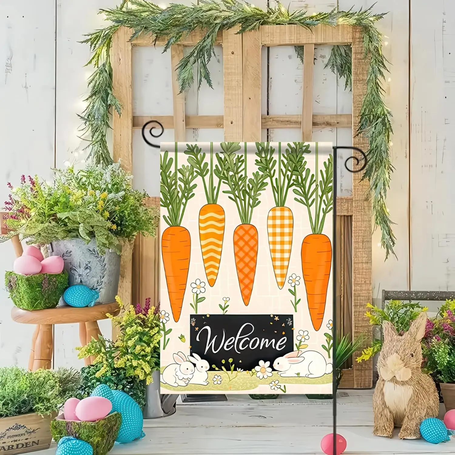 Happy Easter Garden Flag Welcome Easter Decor Double Sided 12×18 Inch Cute Rabbit Carrot Easter Flag Spring Yard For Outside SSL