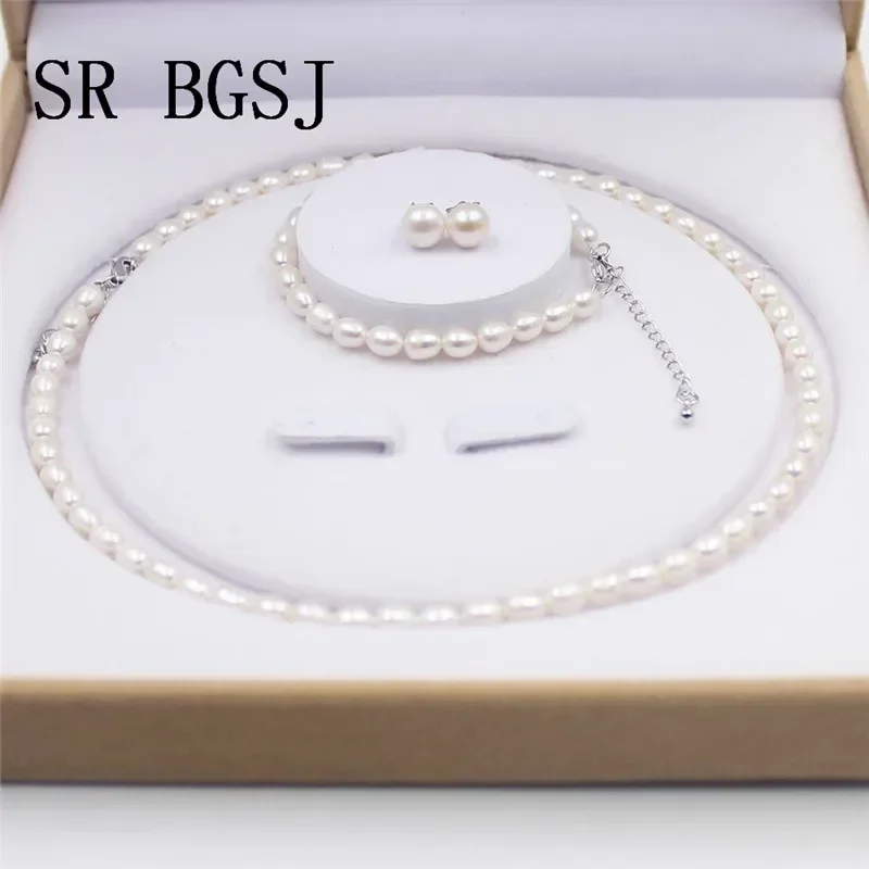 Women Jewelry Natural Rice Freshwater Pearl Knot Necklace Braclet Earrings Pearl Set