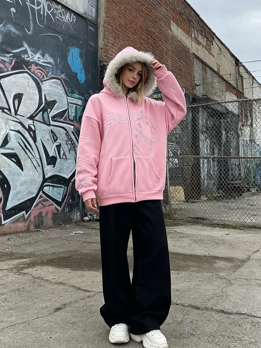 Y2K Women Faux Fur Hood Zip Up Hoodies Music Note Rhinestone Print Long Sleeve Pocket Loose Fall Winter Streetwear Jacket Coats