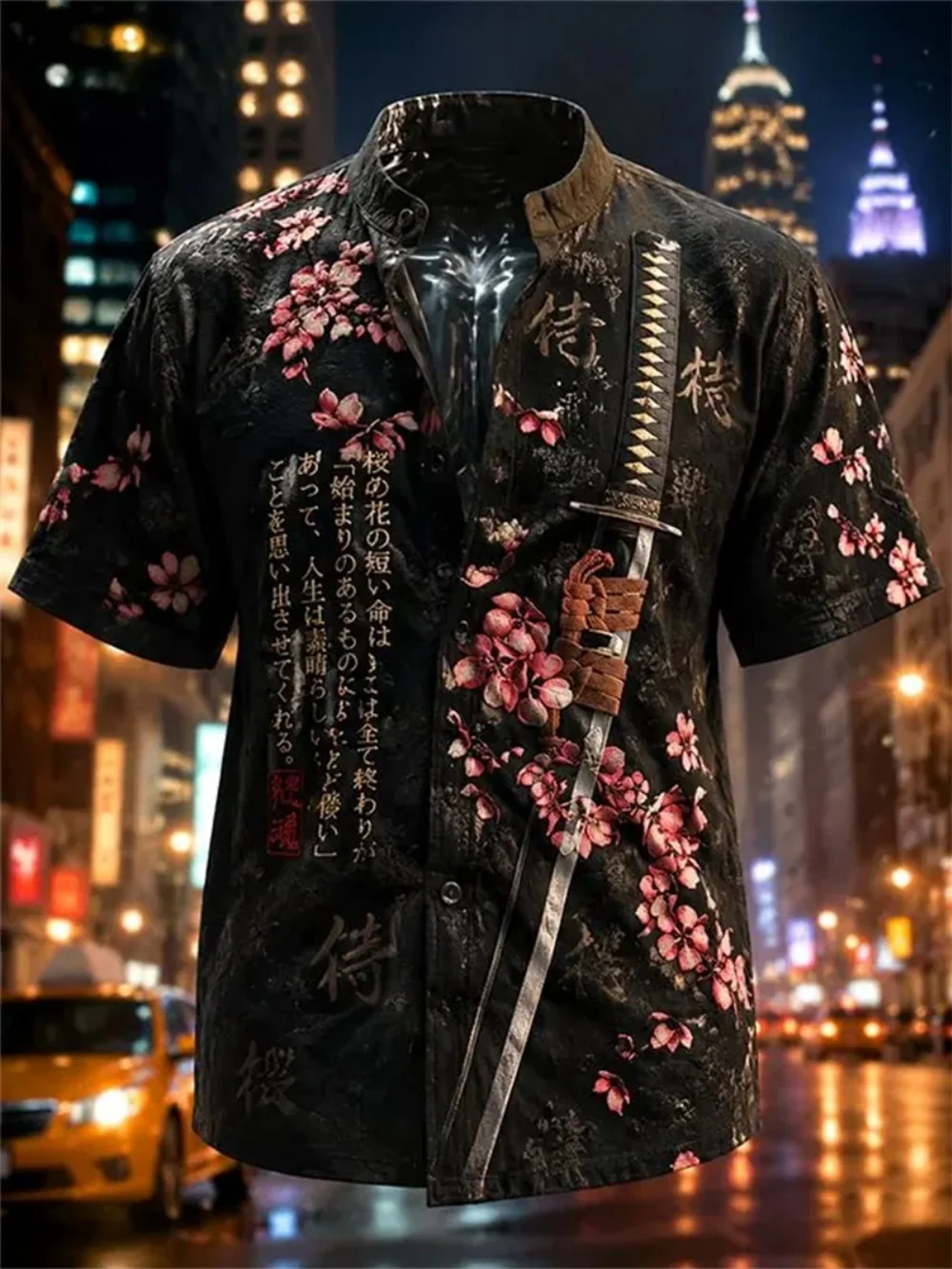 Men's Japanese ukiyo-e samurai cat kimono printed short sleeved shirt stand collar button down shirt casual Hawaiian shirt