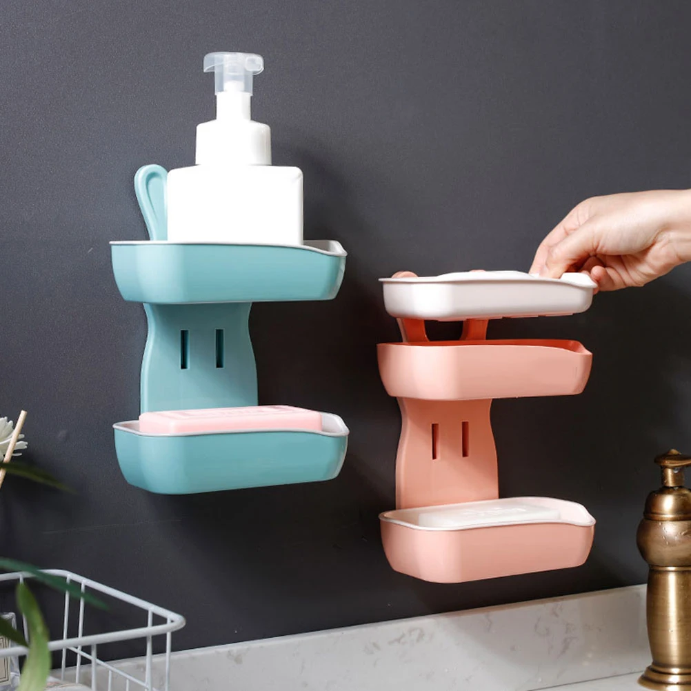 

2pcs Double Soap Box Non-slip Holder Bathroom Double Layer Soap Box Kitchen Tray Mount Tiles Walls Glass Smooth Surface