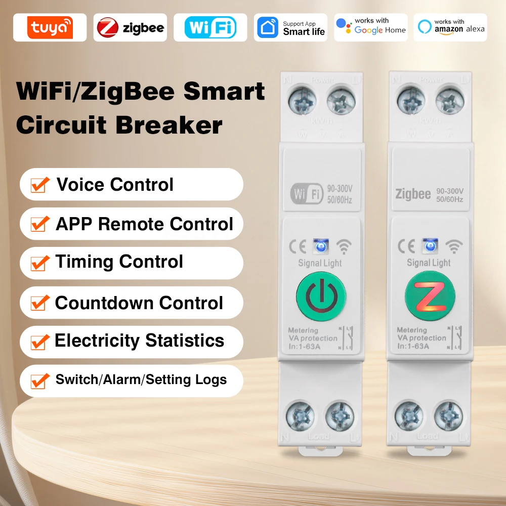 

Регулируемый автоматический выключатель Tuya WiFi/Zigbee 1A-63A, умный выключатель на DIN-рейке, умный выключатель с измерением для Alexa Google Home