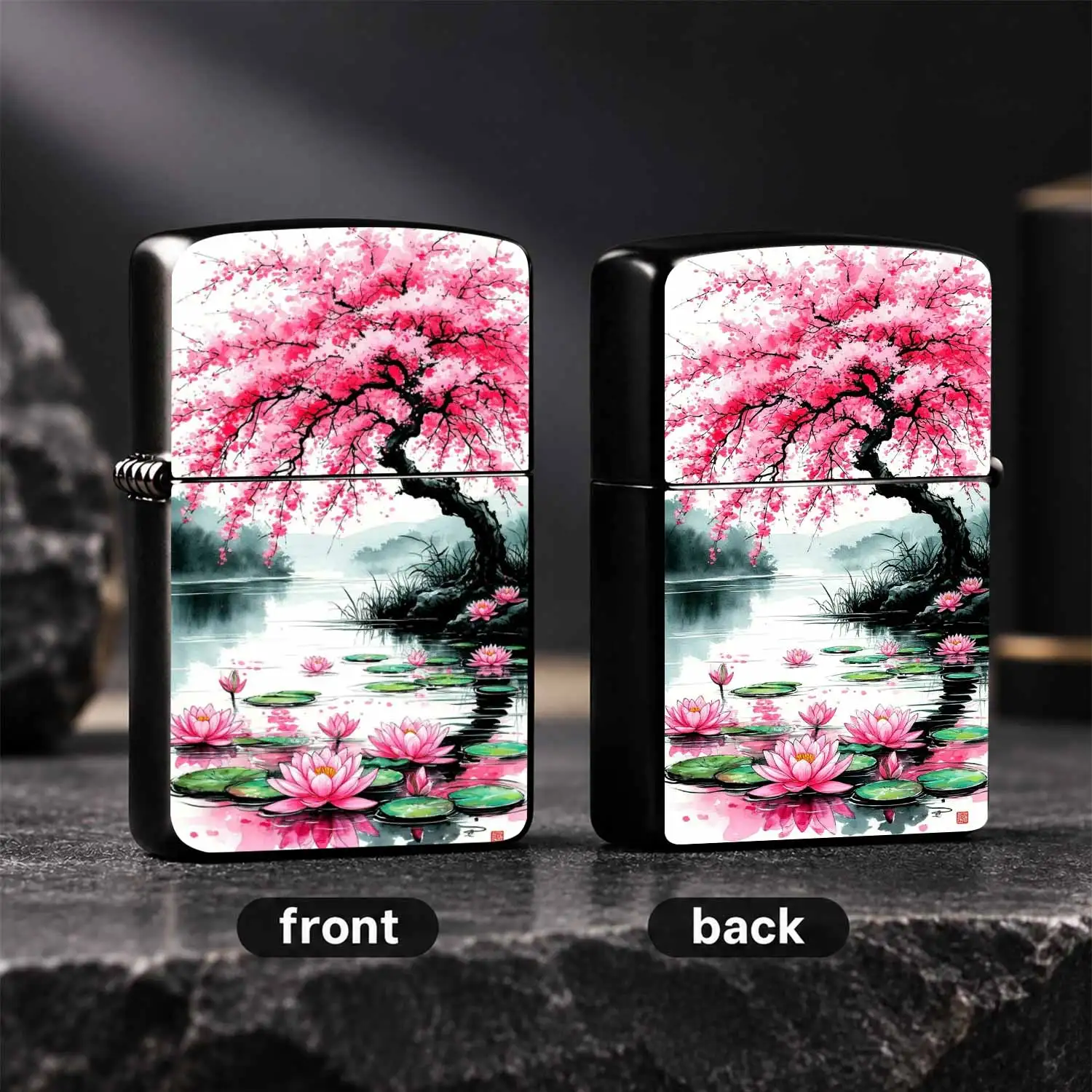 Traditional Eastern Style Ink Style Cherry Blossom Pond Pattern Portable Lighter Elegant Scenic Floral Waterscape Design Practical Daily Gadget Ideal For Indoor Outdoor Use Gifting Collectible Delicate Decorative Useful Accessory For All Oc