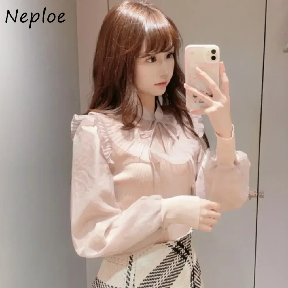 Neploe 여성용 니트 패치워크 울 레이스업 스웨터, 일본 곰팡이 니트, 상큼한 점퍼, 귀여운 O넥, 랜턴 슬리브, 겨울