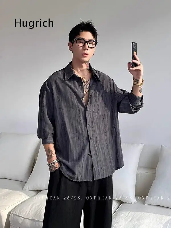 Old Money Style Coffee Tie Dye Striped Shirt For Men Textured Long Sleeve Top Youthful Trendy Versatile Outerwear Suitable For