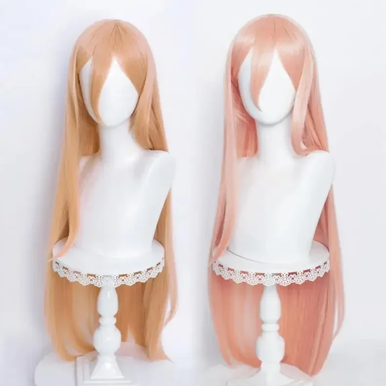 Anime Power Cosplay Wig Long Straight Orange Pink Wig Cosplay Anime Heat Resistant Synthetic Wig Props Horns